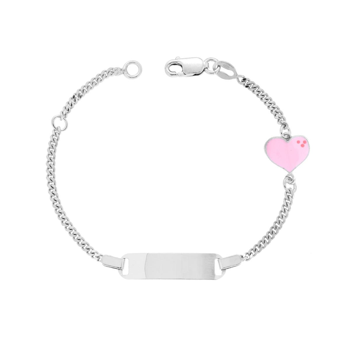 Bracciale Targa Bimbo Bimba Con Catena Grumetta E Cuore Smalto Rosa In