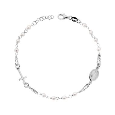 Bracciale Rosario cm 18 + 2 con Grani Perla mm 3 con Croce in ARGENTO 925 Galvanica Rodio