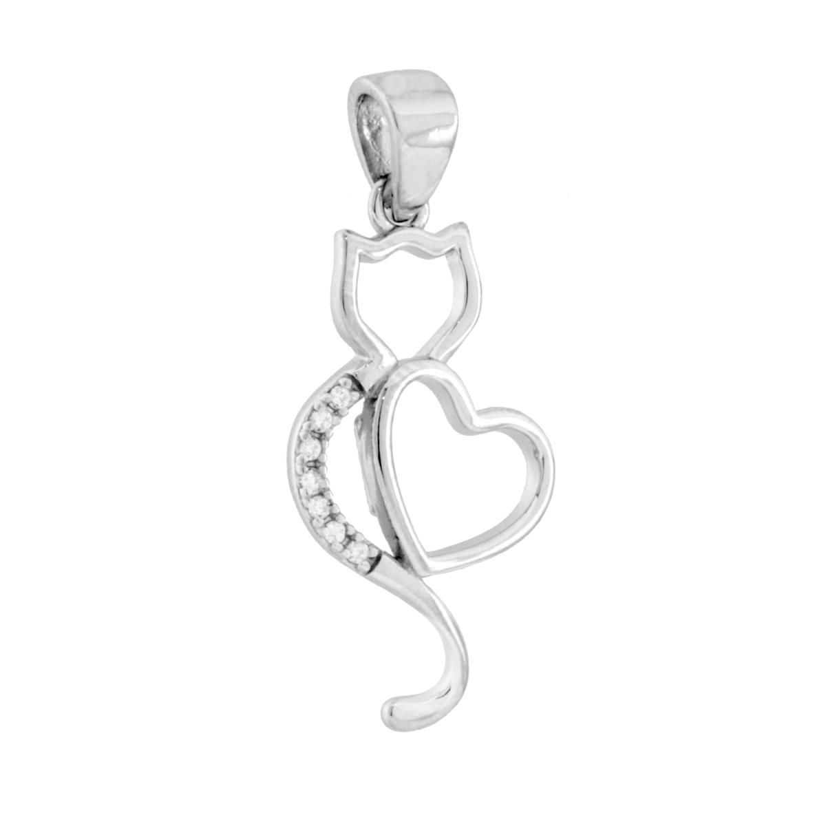 Ciondolo Gatto con Cuore e Cubic Zirconia Bianchi in ARGENTO 925 Galvanica Rodio