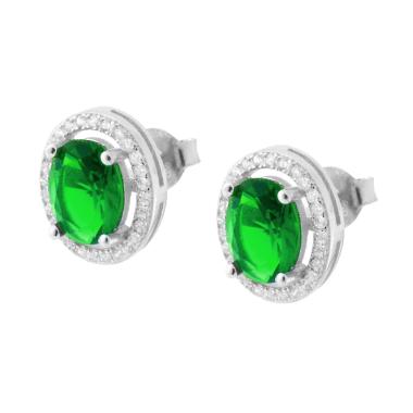 Orecchini con Zircone Ovale Verde Smeraldo contornato con Zirconi Bianchi in ARGENTO 925 Galvanica Rodio