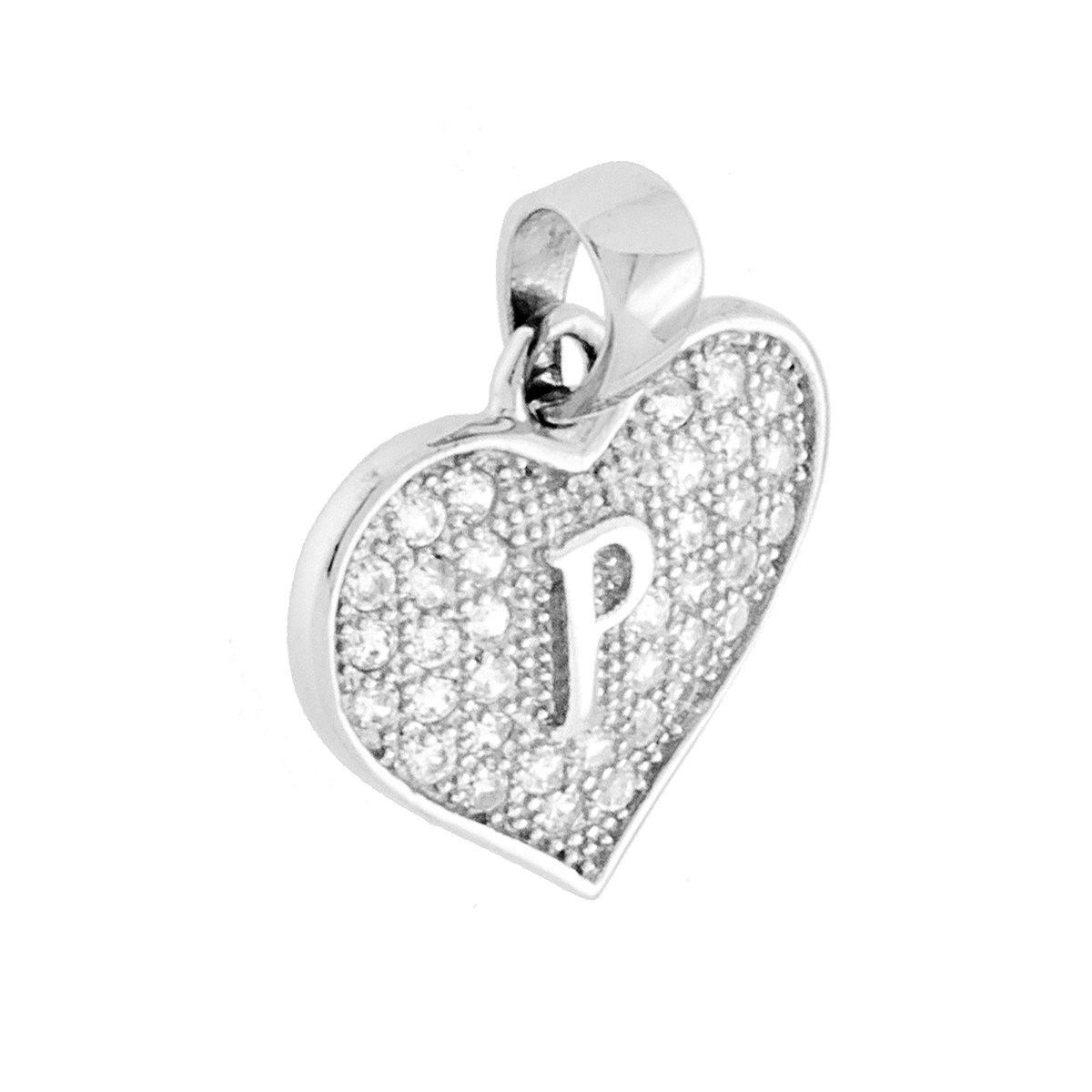 Ciondolo Lettera Iniziale Nome Cuore 14 mm con Zirconi Bianchi in ARGENTO 925 Galvanica Rodio