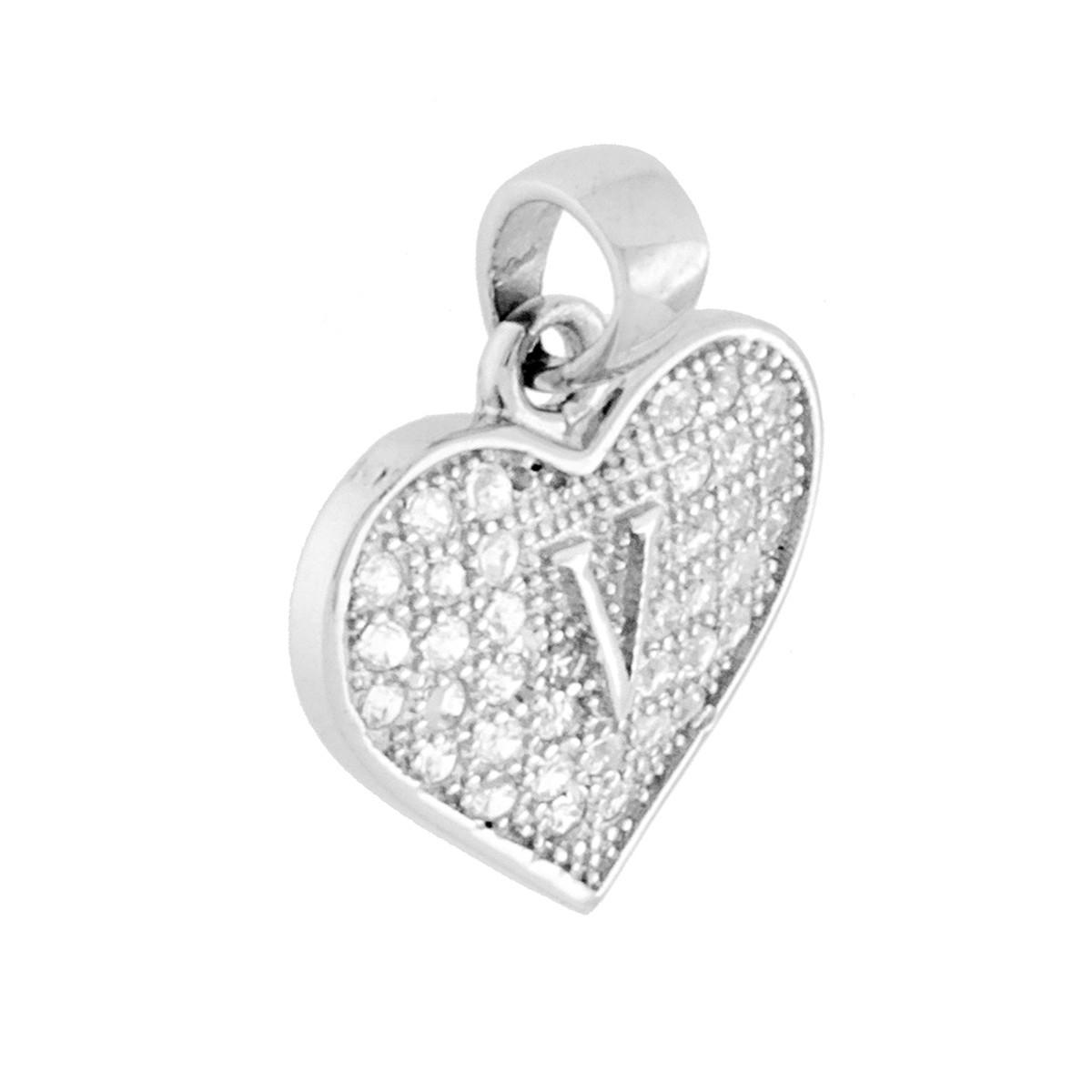 Ciondolo Lettera Iniziale Nome Cuore 14 mm con Zirconi Bianchi in ARGENTO 925 Galvanica Rodio