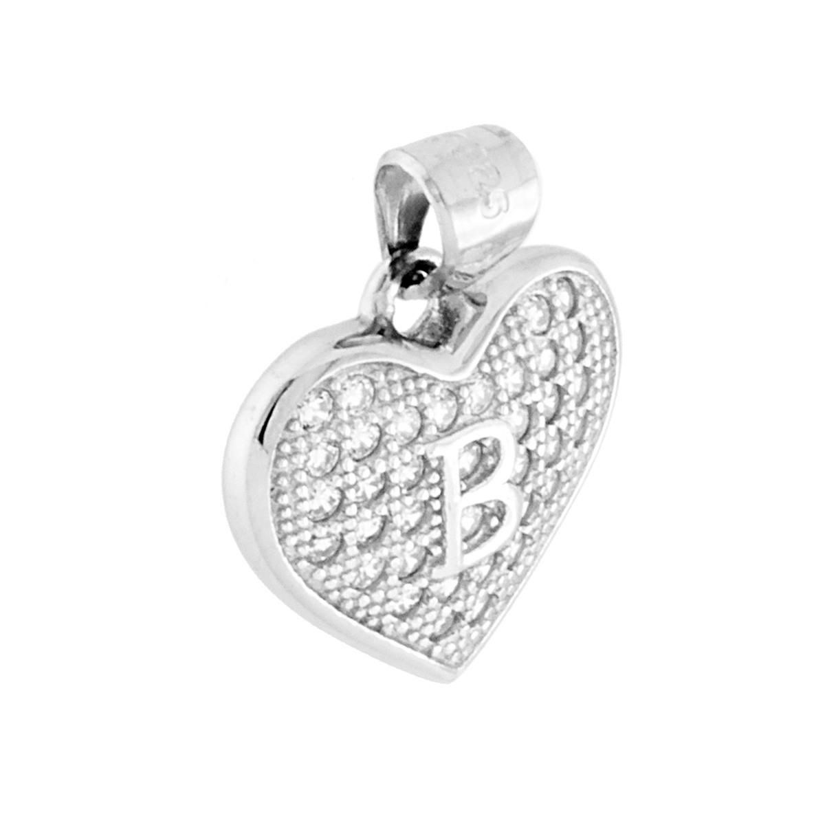 Ciondolo Lettera Iniziale Nome Cuore 14 mm con Zirconi Bianchi in ARGENTO 925 Galvanica Rodio