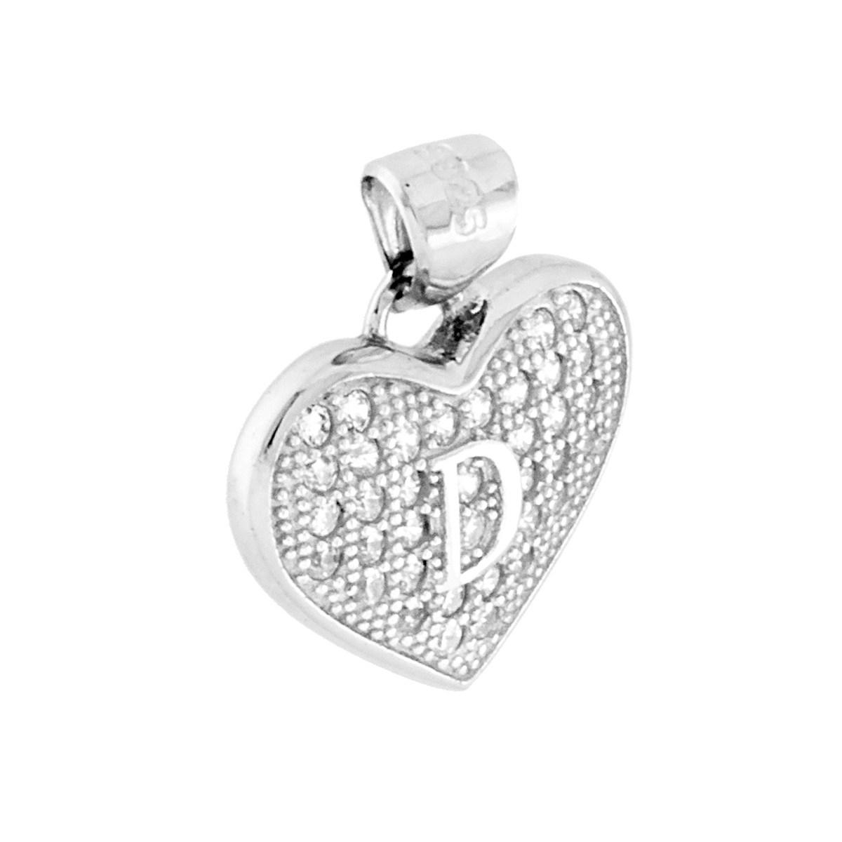 Ciondolo Lettera Iniziale Nome Cuore 14 mm con Zirconi Bianchi in ARGENTO 925 Galvanica Rodio