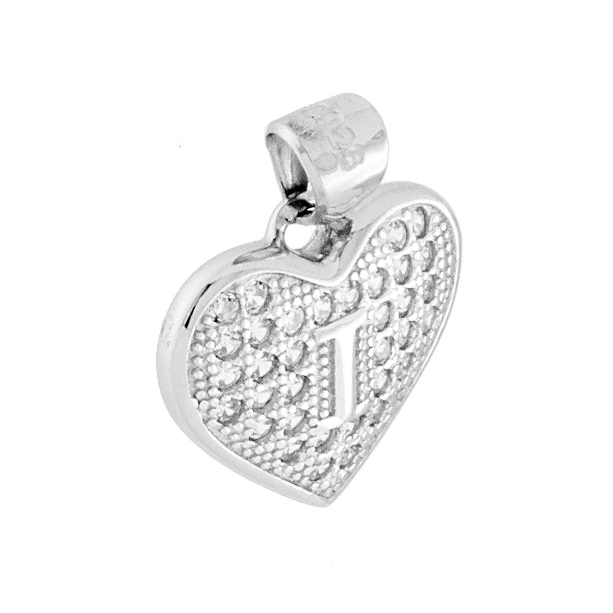 Ciondolo Lettera Iniziale Nome Cuore 14 mm con Zirconi Bianchi in ARGENTO 925 Galvanica Rodio