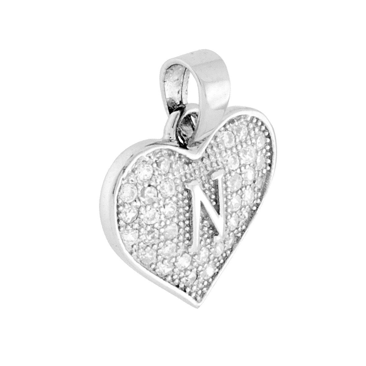 Ciondolo Lettera Iniziale Nome Cuore 14 mm con Zirconi Bianchi in ARGENTO 925 Galvanica Rodio