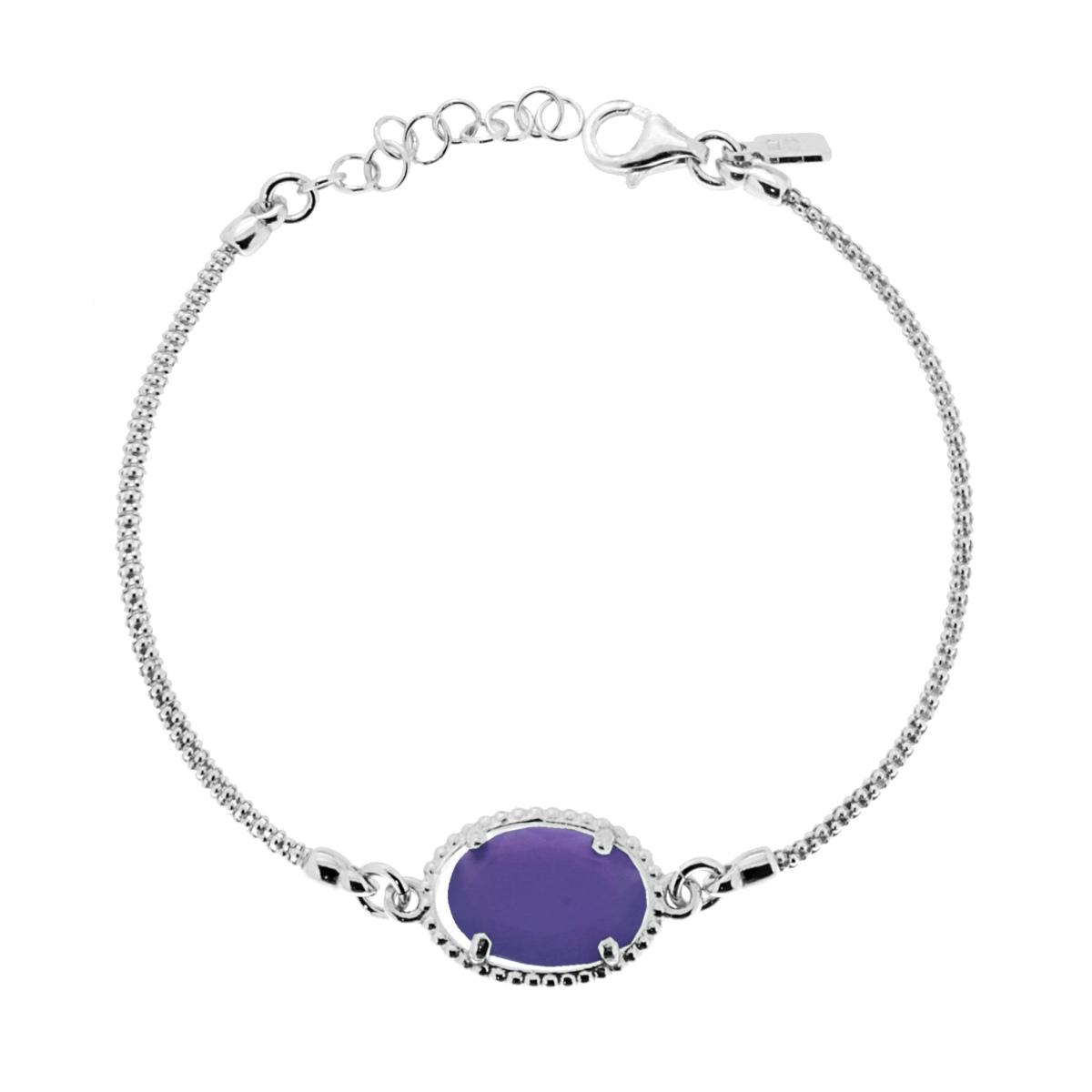 Bracciale Catena Coreana con Pietra Ovale Viola in ARGENTO 925 Galvanica Rodio