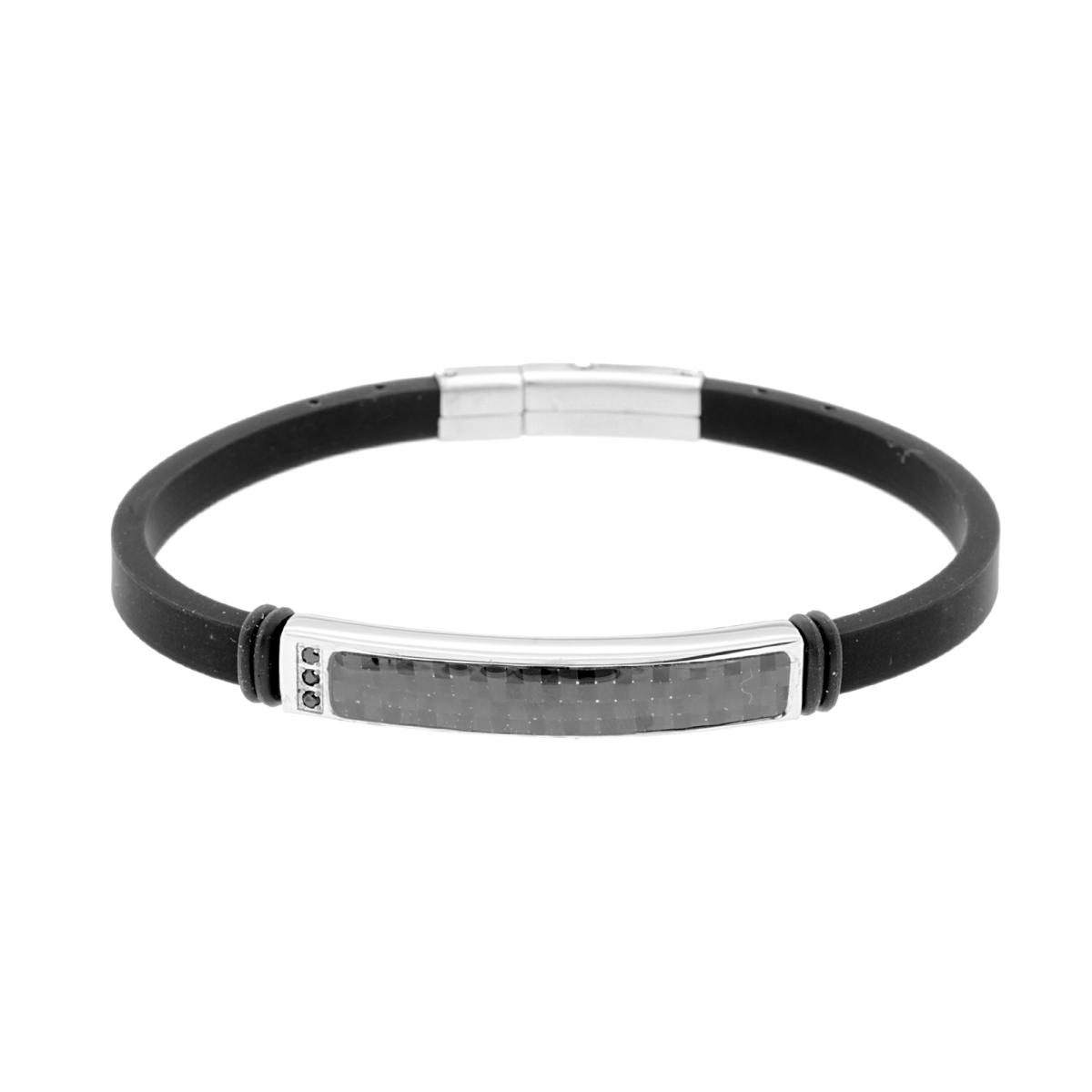 Bracciale in PVC Caucciu Nero con Accessorio Targa con effetto Fibra di Carbonio e Zirconi Neri in ACCIAIO