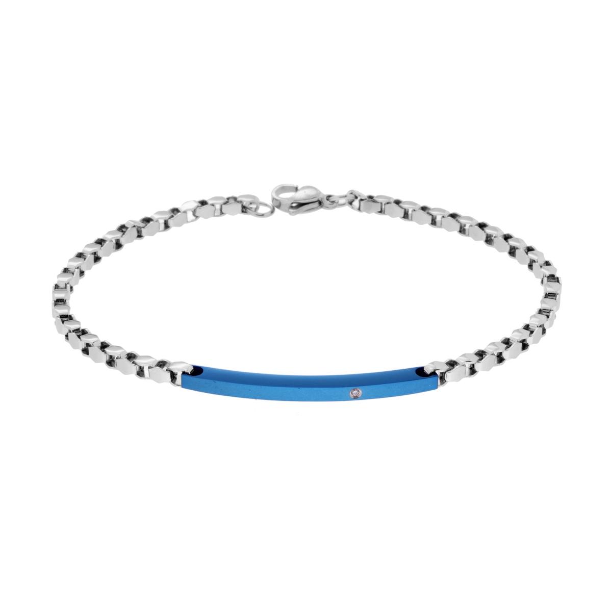 Bracciale Uomo Catena Veneziana Diamantata con Targa Blu e Zircone Bianco in ACCIAIO