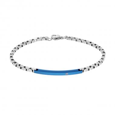 Bracciale Uomo Catena Veneziana Diamantata con Targa Blu e Zircone Bianco in ACCIAIO