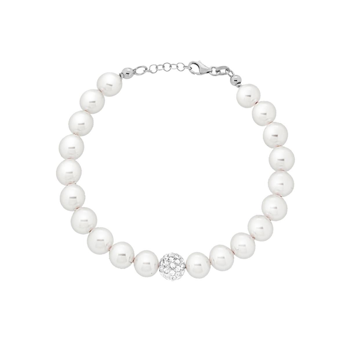 Bracciale Filo Perla Bianca mm 8 in vetro perlato con pallina Crystal Bianco con filo e chiusura in ARGENTO 925 Galvanica Rodio