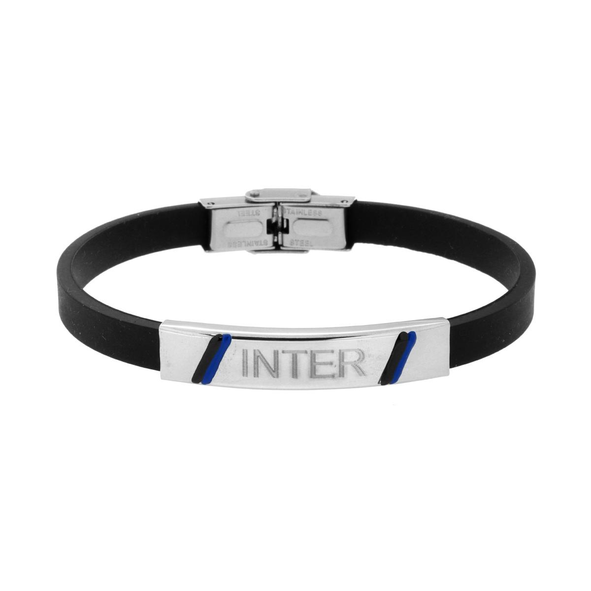 Bracciale Uomo in PVC Caucciu Nero e Targa con Squadra di Calcio e Smalto in ACCIAIO