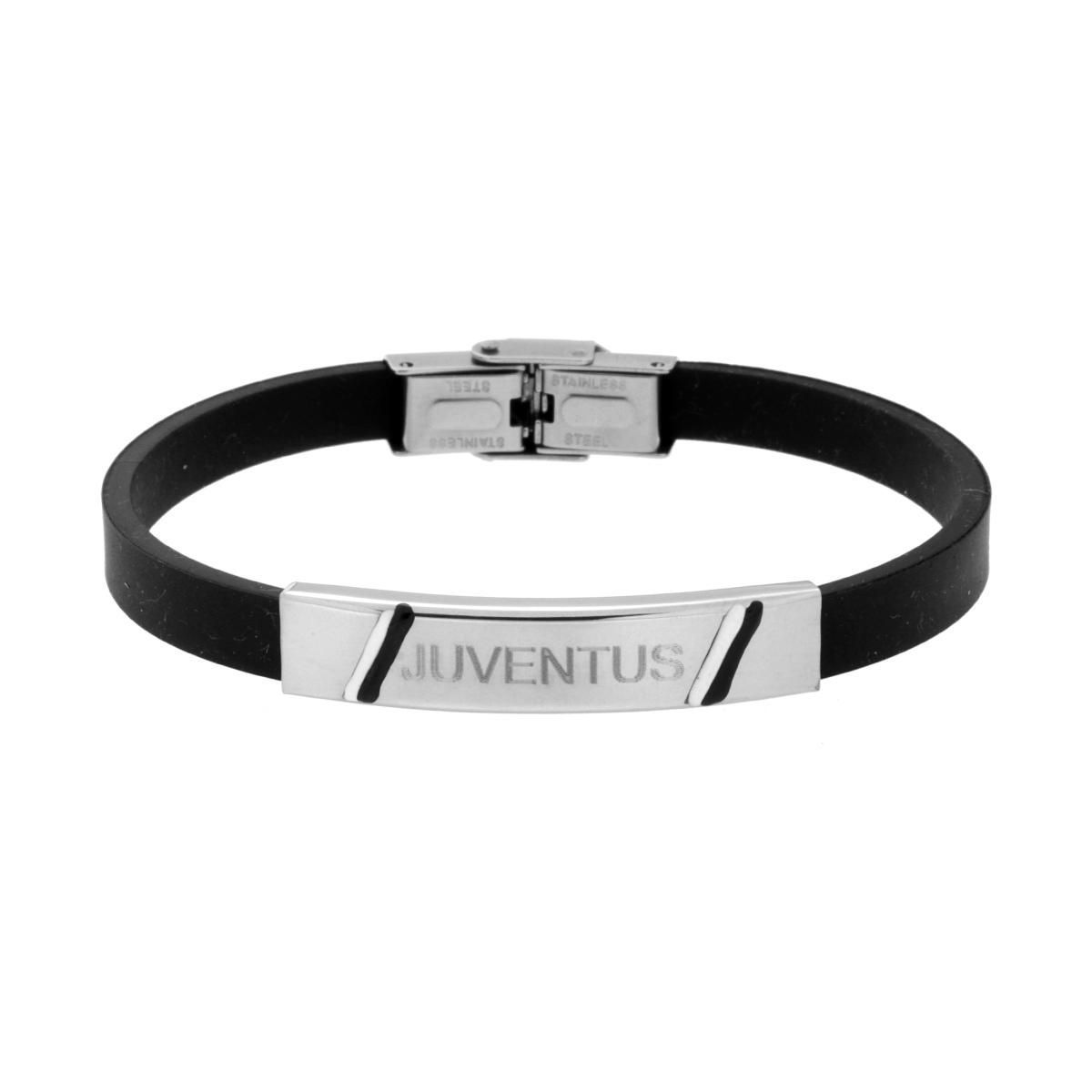 Bracciale Uomo in PVC Caucciu Nero e Targa con Squadra di Calcio e Smalto in ACCIAIO