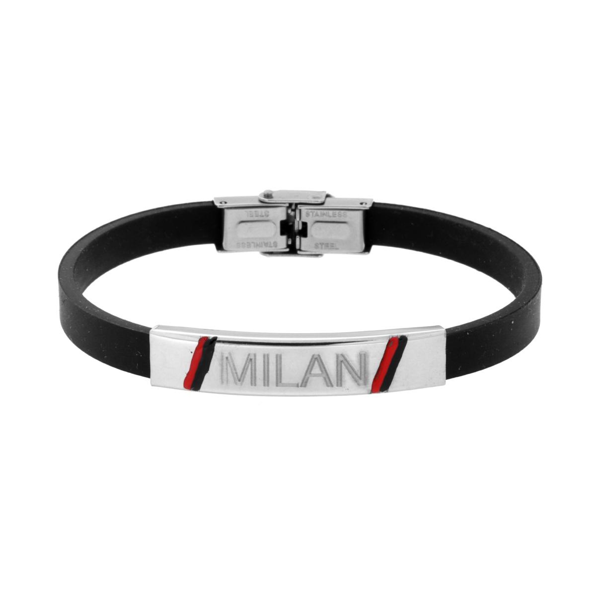 Bracciale Uomo in PVC Caucciu Nero e Targa con Squadra di Calcio e Smalto in ACCIAIO