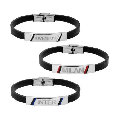 Bracciale Uomo in PVC Caucciu Nero e Targa con Squadra di Calcio e Smalto in ACCIAIO