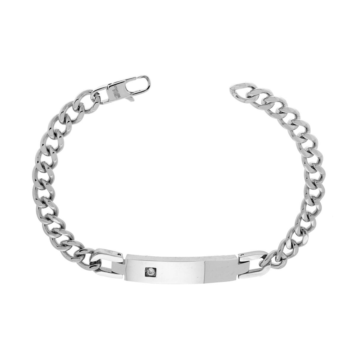 Bracciale Uomo Catena Grumetta con Targa e Crystal Bianco in ACCIAIO