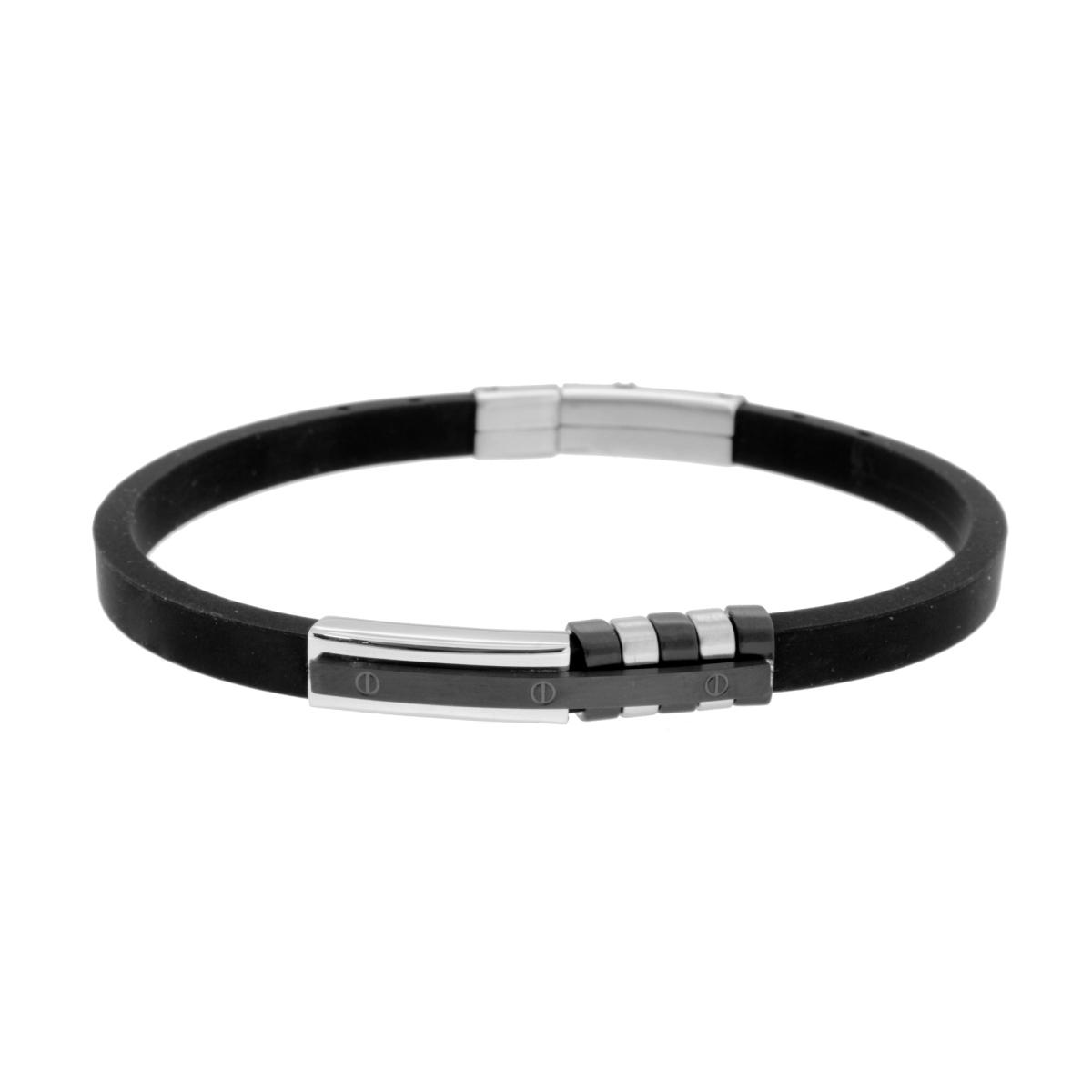 Bracciale in PVC Caucciu Nero con Accessorio Targa con dettagli Laccati Neri in ACCIAIO