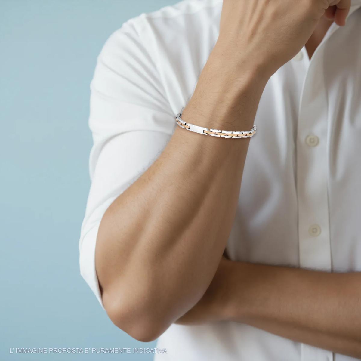 Bracciale Uomo Maglia Imperniata con Maglia Acciaio e Rosa con accessorio Targa in ACCIAIO