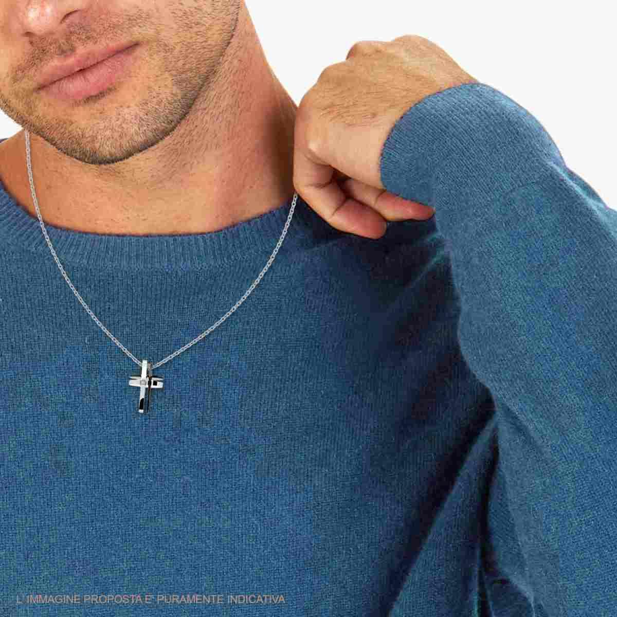 Collana con Catena Forzatina Diamantata e Croce pendente e Crystal Bianco in ACCIAIO