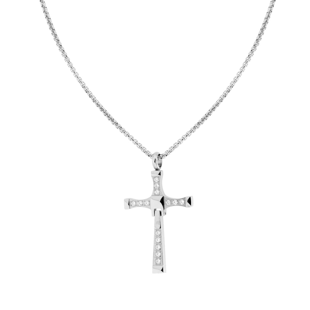 Collana Catena Veneziana tonda con Croce con Pendente e Crystal Bianchi in ACCIAIO