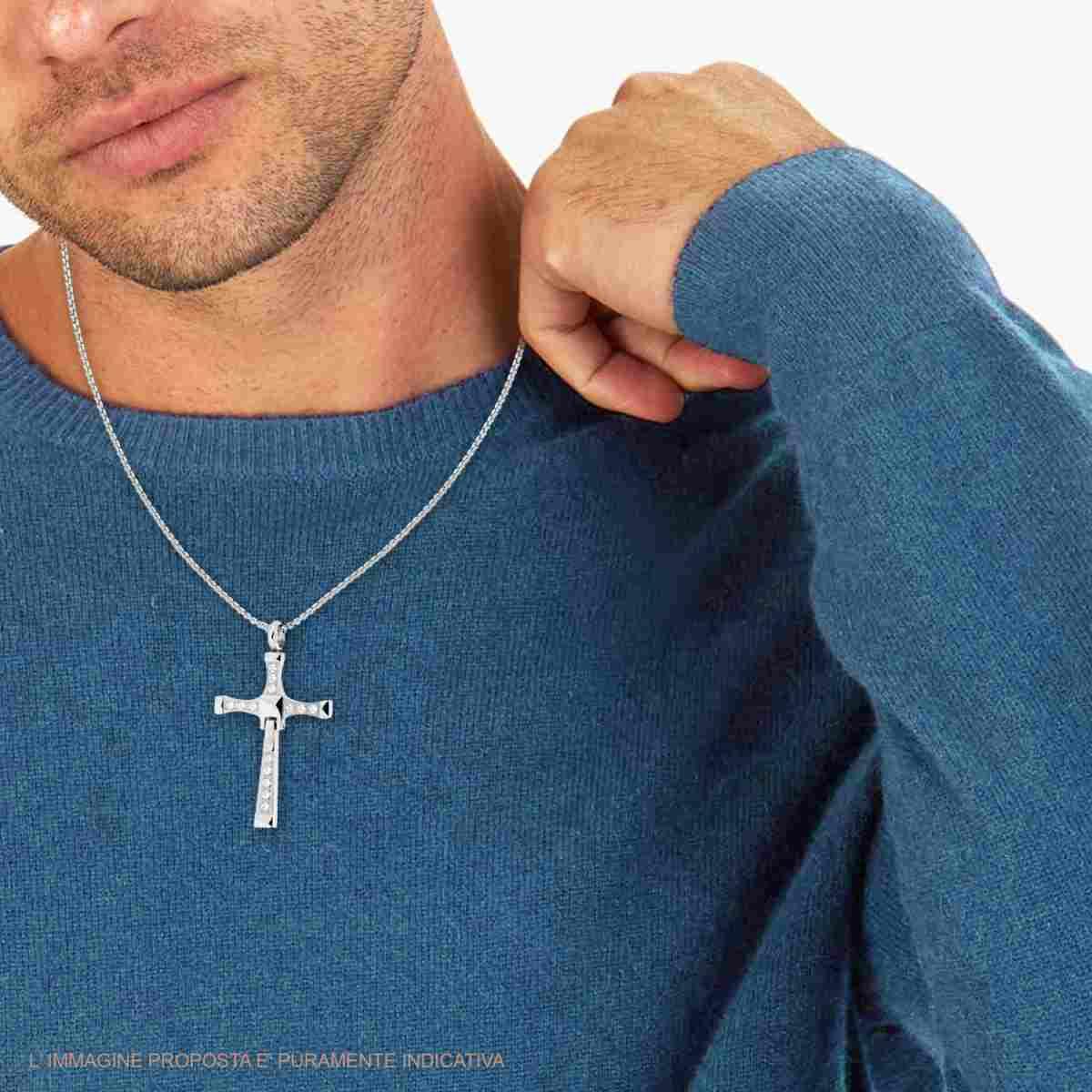 Collana Catena Veneziana tonda con Croce con Pendente e Crystal Bianchi in ACCIAIO