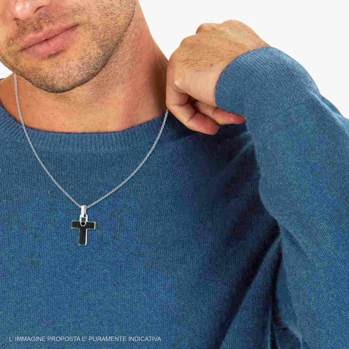 Collana Catena Forzatina con Croce Inserto Ceramica Nera Quadrettata e Crystal Nero in ACCIAIO