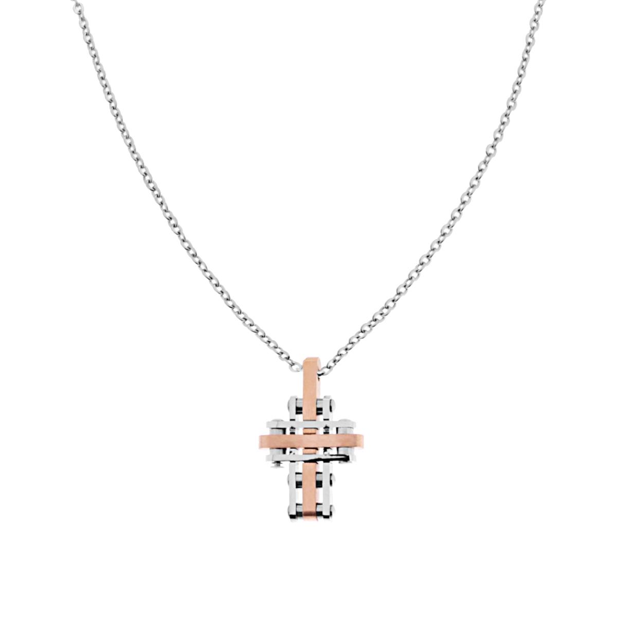 Collana Catena Forzatina con pendente a forma di Croce colore Rosa in ACCIAIO