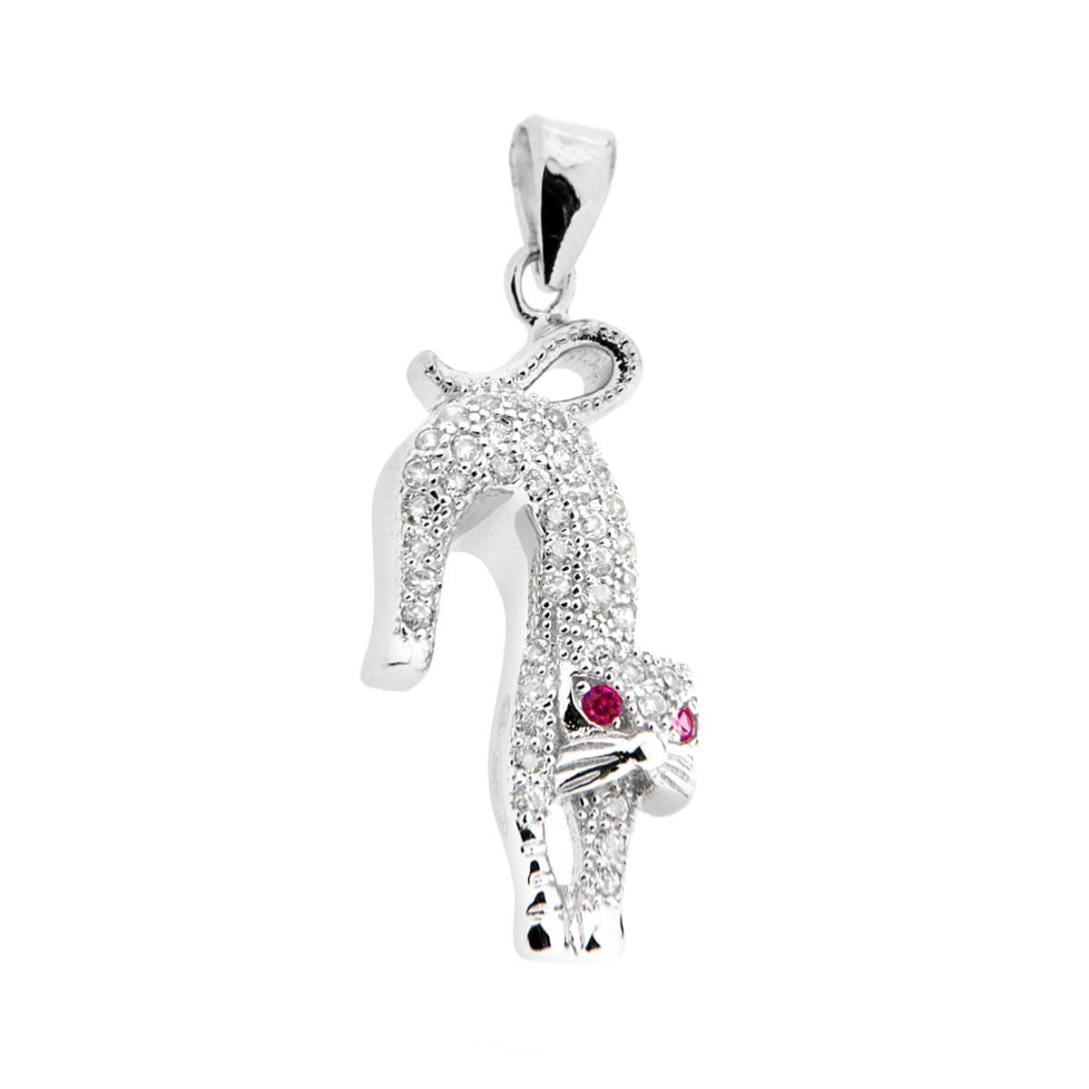 Ciondolo Gatto con Cubic Zirconia Bianchi e Rosso Rubino in ARGENTO 925 Galvanica Rodio