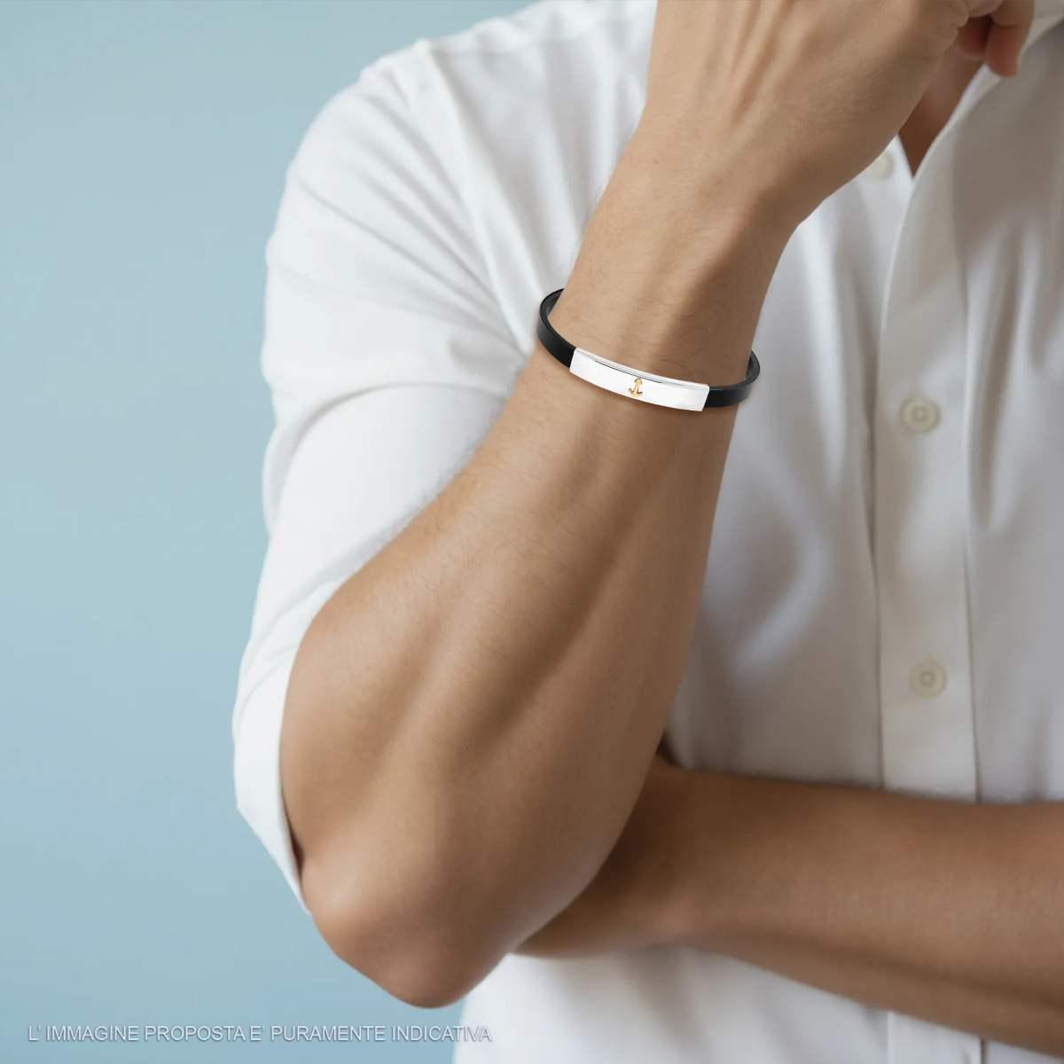 Bracciale in Caucciu PVC nero e Targa con Ancora colore Oro in ACCIAIO