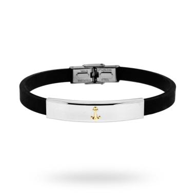 Bracciale in Caucciu PVC nero e Targa con Ancora colore Oro in ACCIAIO