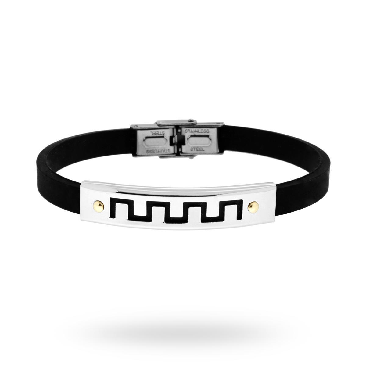 Bracciale in pvc nero e Targa con disegno geometrico e punti Oro in ACCIAIO