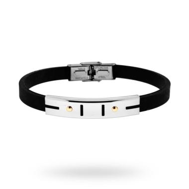 Bracciale in pvc nero e Targa con disegno geometrico e punti Oro in ACCIAIO