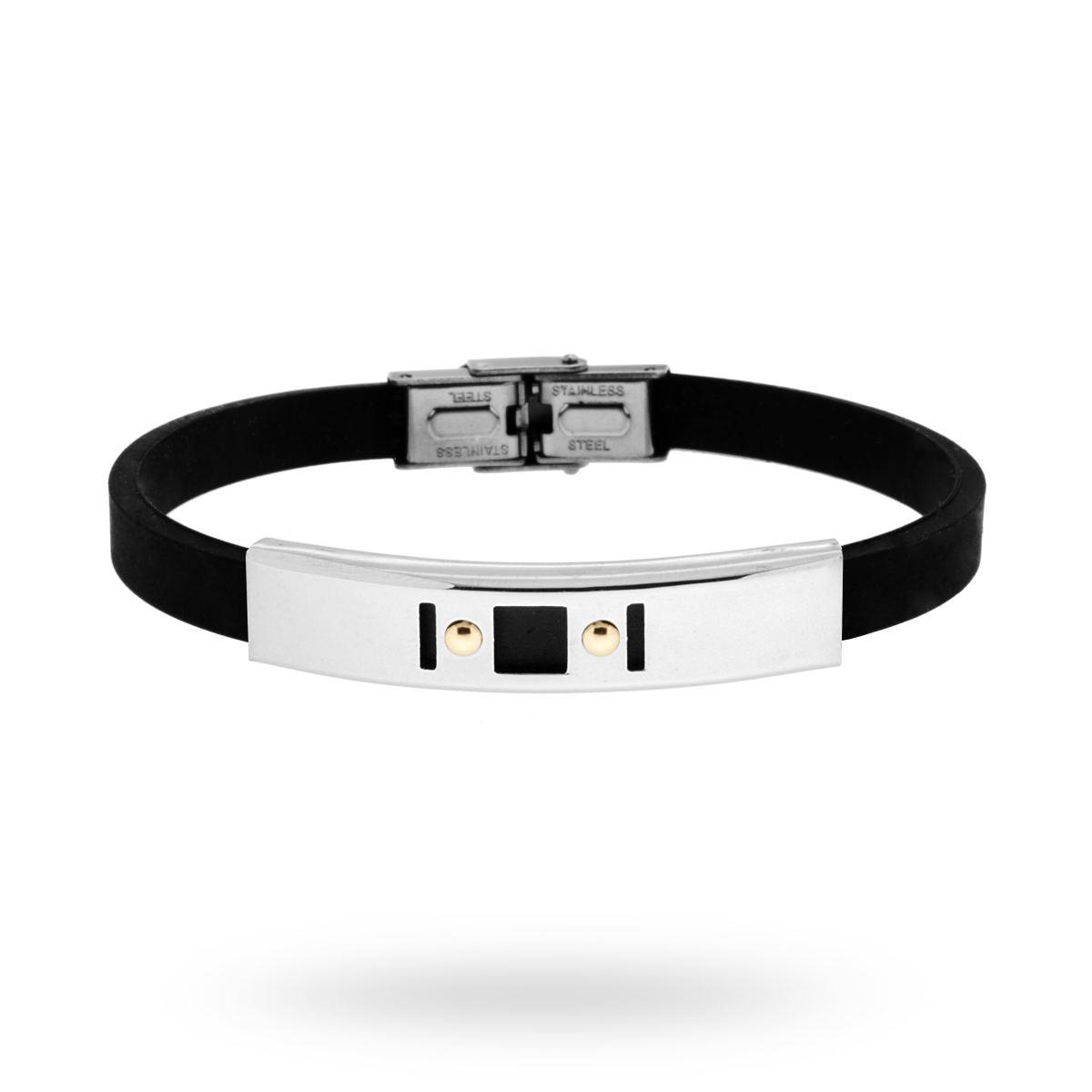 Bracciale in pvc nero e Targa con disegno geometrico e punti Oro in ACCIAIO
