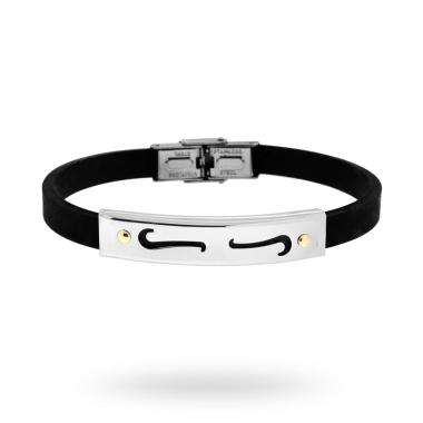 Bracciale in pvc nero e Targa con disegno geometrico e punti Oro in ACCIAIO