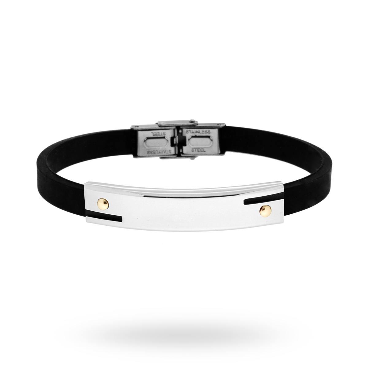 Bracciale in pvc nero e Targa con disegno geometrico e punti Oro in ACCIAIO