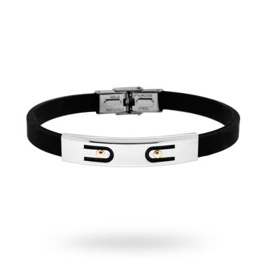 Bracciale in pvc nero e Targa con disegno geometrico e punti Oro in ACCIAIO