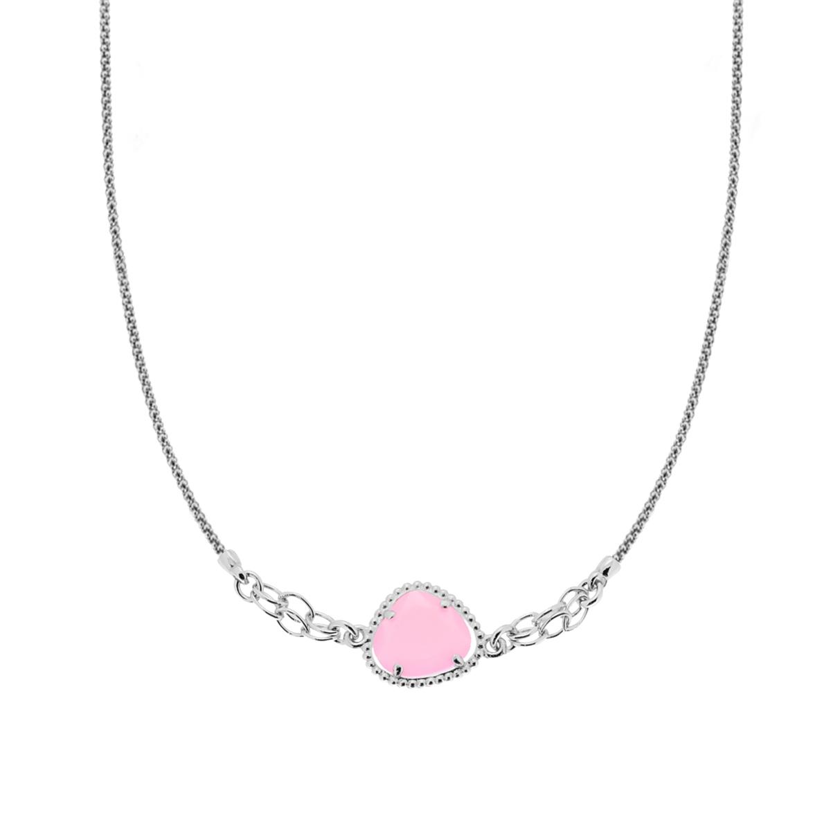 Collana Catena Coreana con Pietra Tiangolare Rosa in ARGENTO 925 Galvanica Rodio