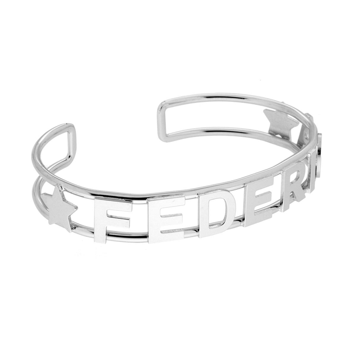 Bracciale Rigido con nome FEDERICA e Stelle Plain in ARGENTO 925 Galvanica Rodio