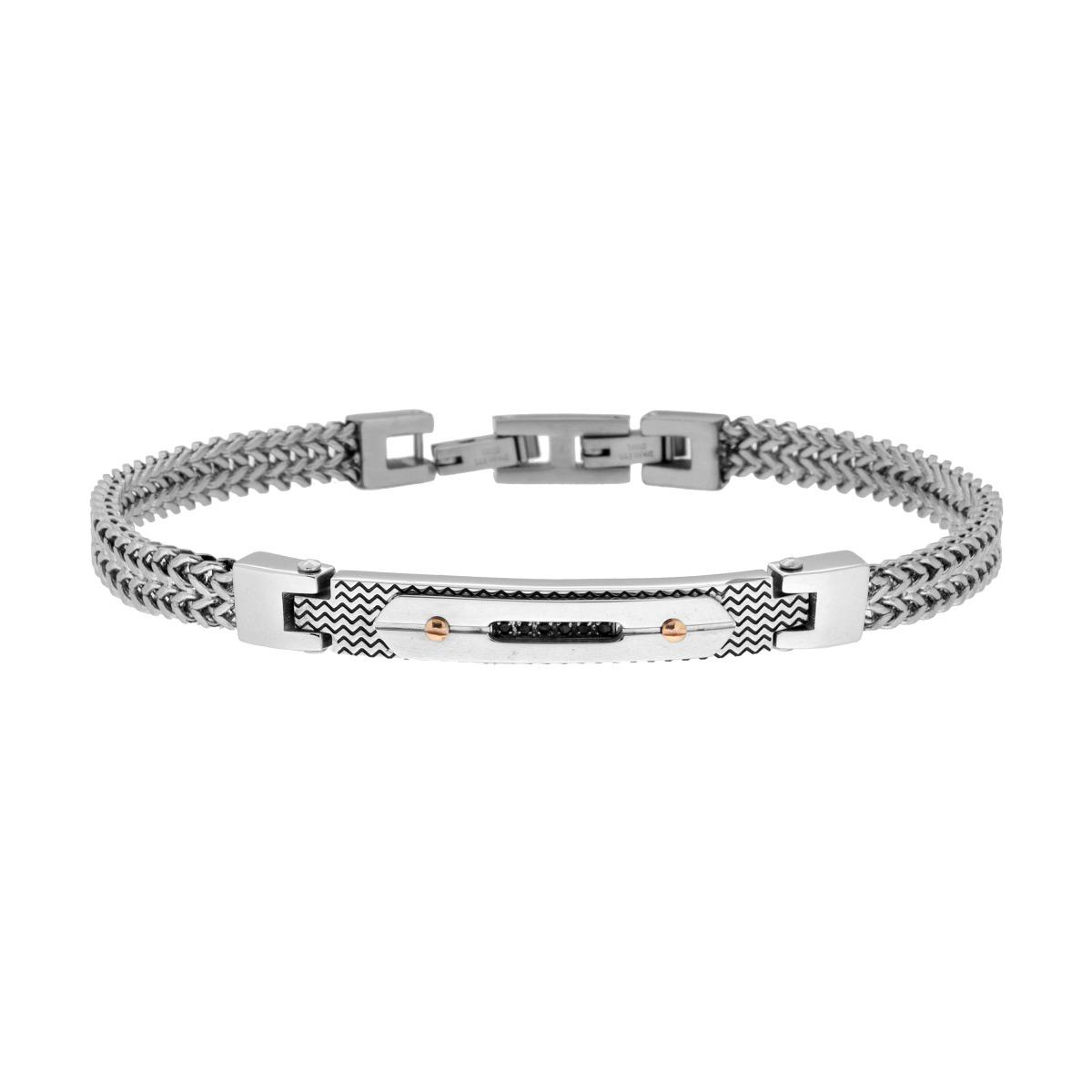 Bracciale Uomo con doppia Catena di Volpe e Targa con Zirconi Neri in ACCIAIO