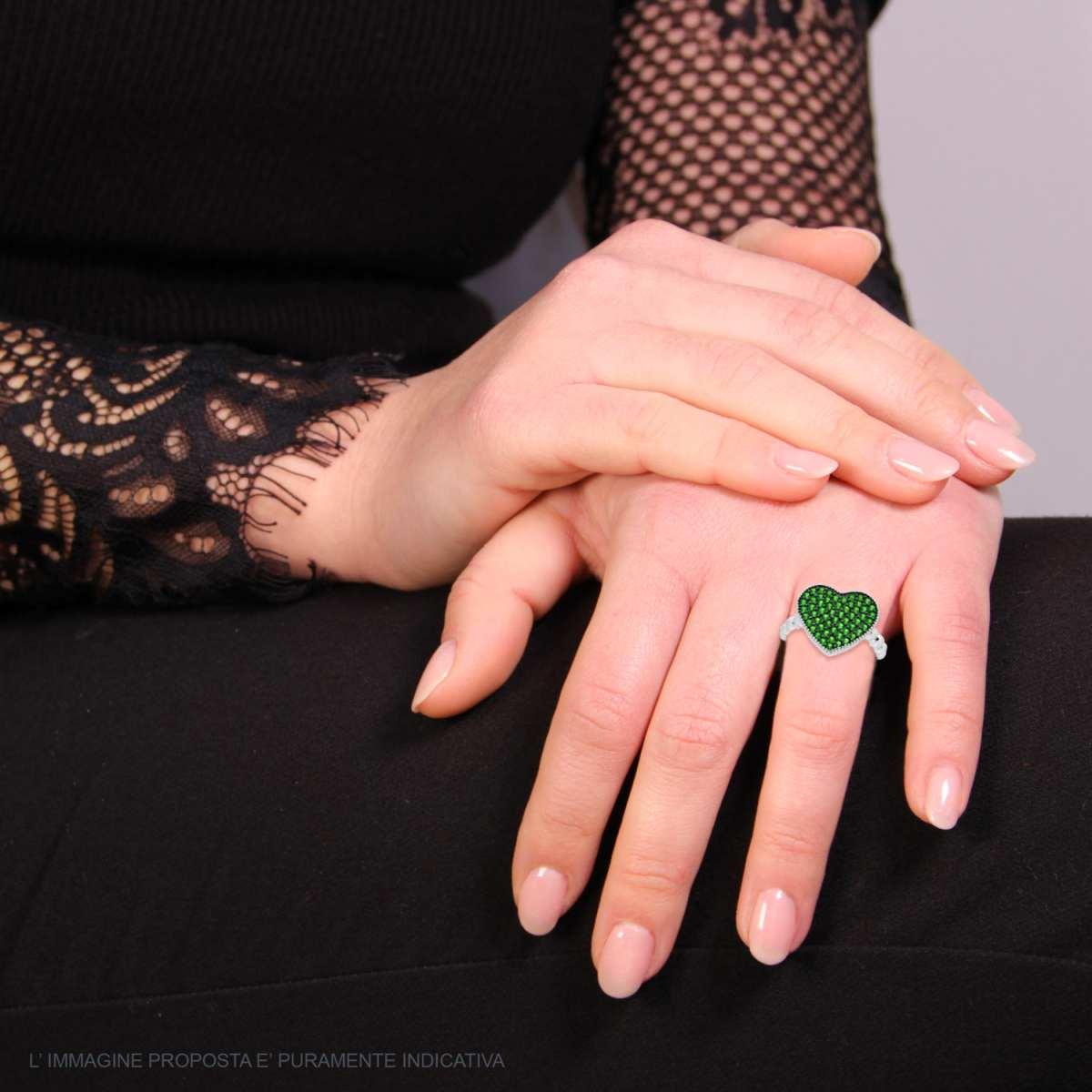 Anello Chevalier con Cuore e Zirconi Verde Smeraldo in ARGENTO 925 Galvanica Rodio