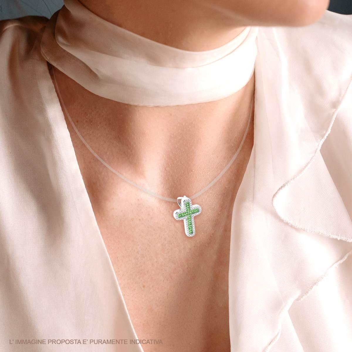 Ciondolo Croce con Zirconi Verde Smeraldo e Bianchi in ARGENTO 925 Galvanica Rodio