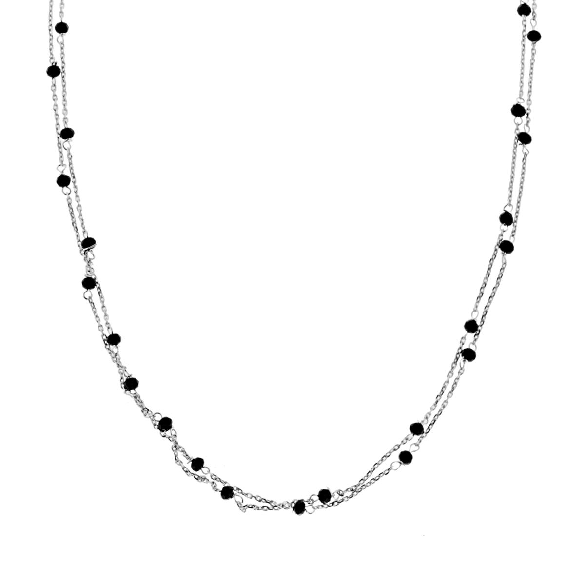 Collana Lunga Catena Forzatina due fili con Crystal Neri in ARGENTO 925 Galvanica Rodio