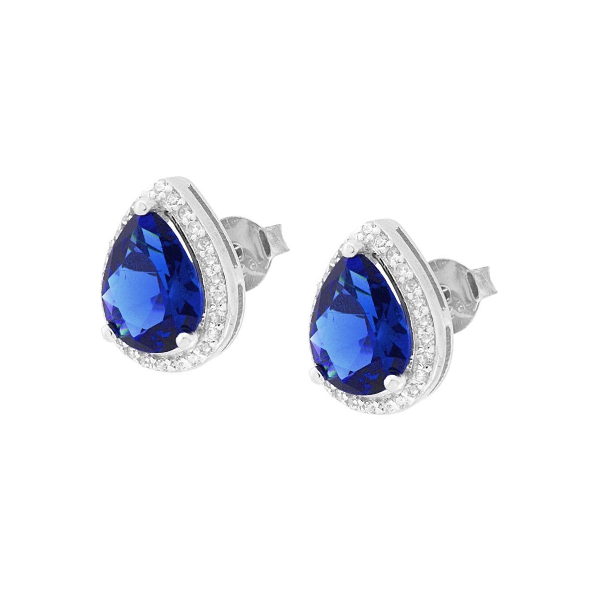 Orecchini Goccia con Zircone Blu Zaffiro contornato con Zirconi Bianchi in ARGENTO 925 Galvanica Rodio