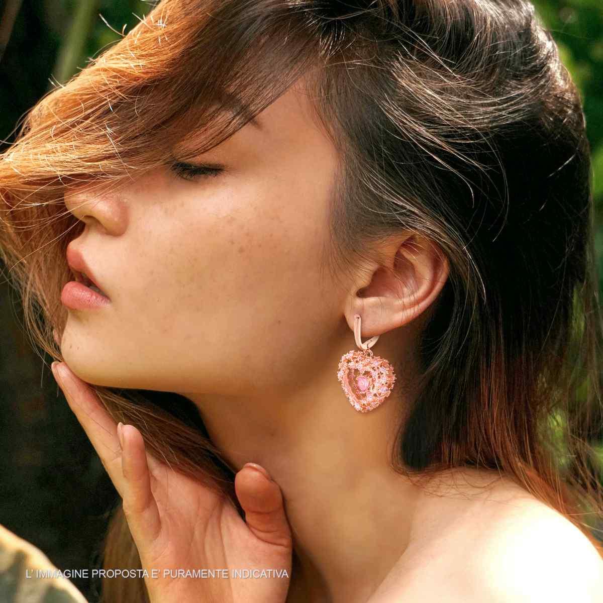 Orecchini a Scatto Inglese Nido a Cuore con Zirconi Rosa e Zircone Cuore interno in ARGENTO 925 Galvanica Rosa