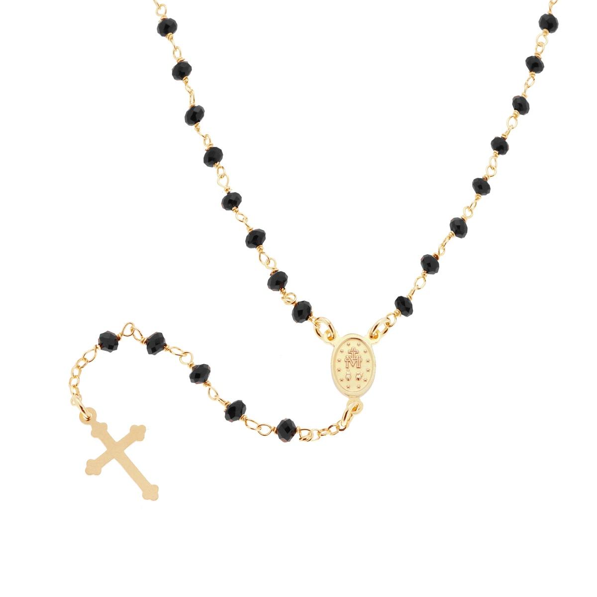 Collana Rosario cm 50 con Grani in Crystal colore Nero mm 3.5 in ARGENTO 925 Galvanica Oro