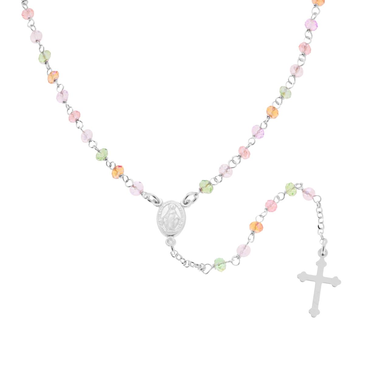 Collana Rosario cm 50 con Grani in Crystal mm 3.5 colore Multicolor Pastello in ARGENTO 925 Galvanica Rodio