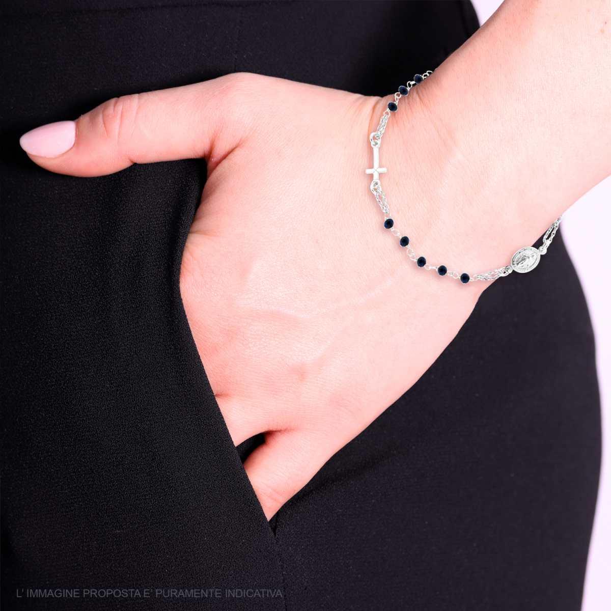 Bracciale Rosario cm 18+2 con Grani in Crystal colore Blu mm 3.5 con Croce e Medaglia Madonna in ARGENTO 925 Galvanica Rodio