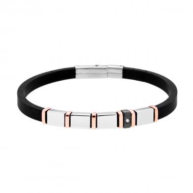 Bracciale in PVC Caucciu Nero con Zircone Bianco e Accessori Galvanica Rosata in ACCIAIO