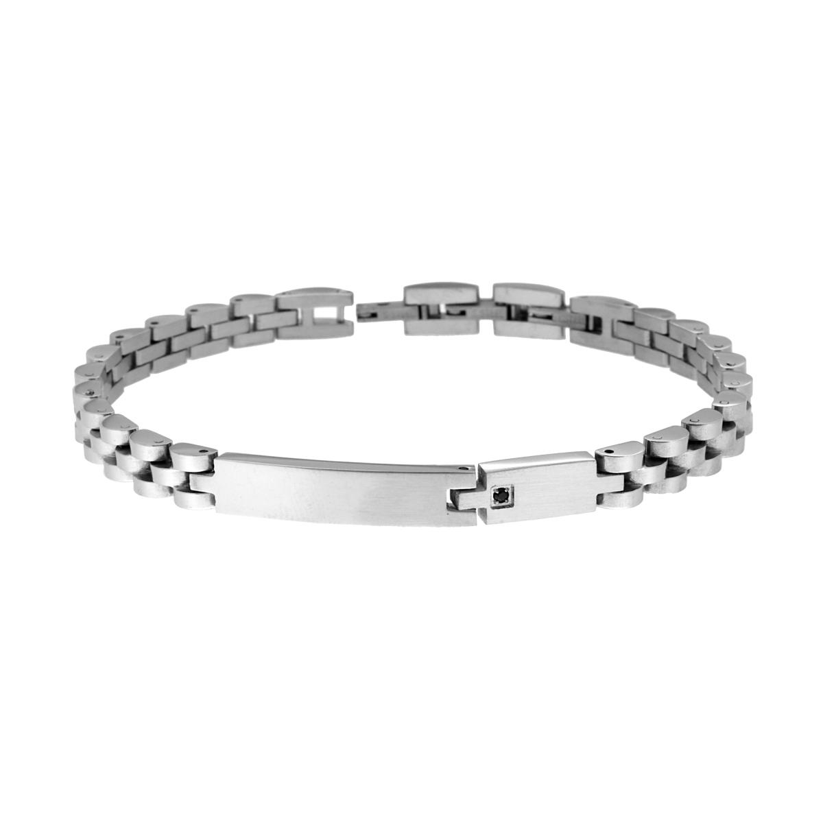 Bracciale Uomo Catena Imperniata con Targa e Cubic Zirconia Nero in ACCIAIO