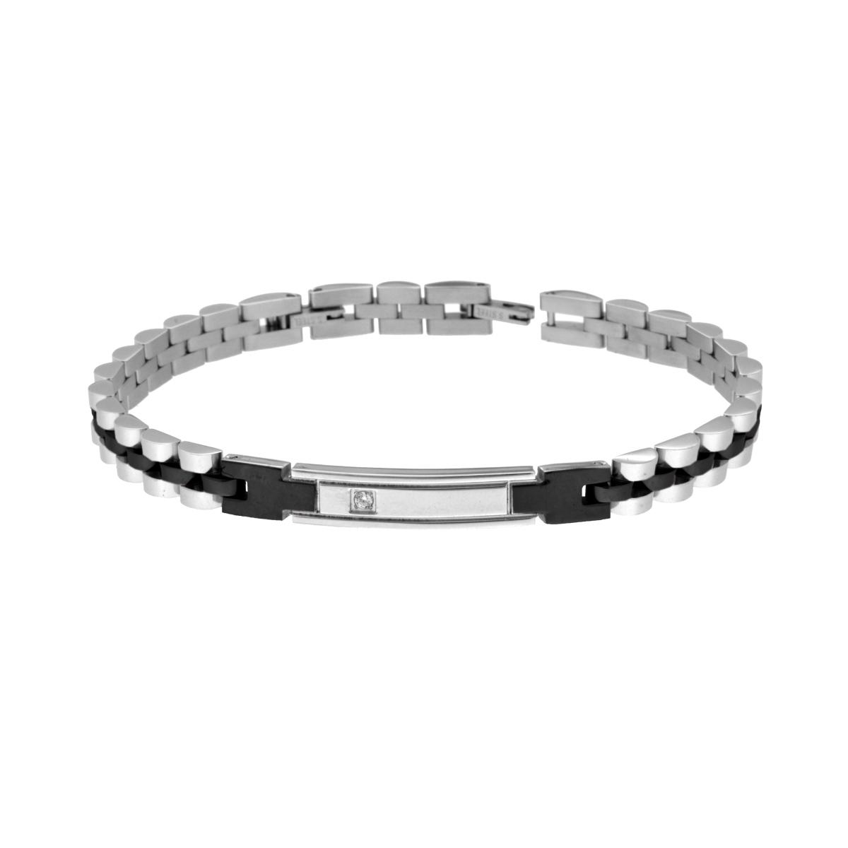 Bracciale Uomo Maglia Imperniata con dettagli Neri Targa e Crystal Bianco in ACCIAIO